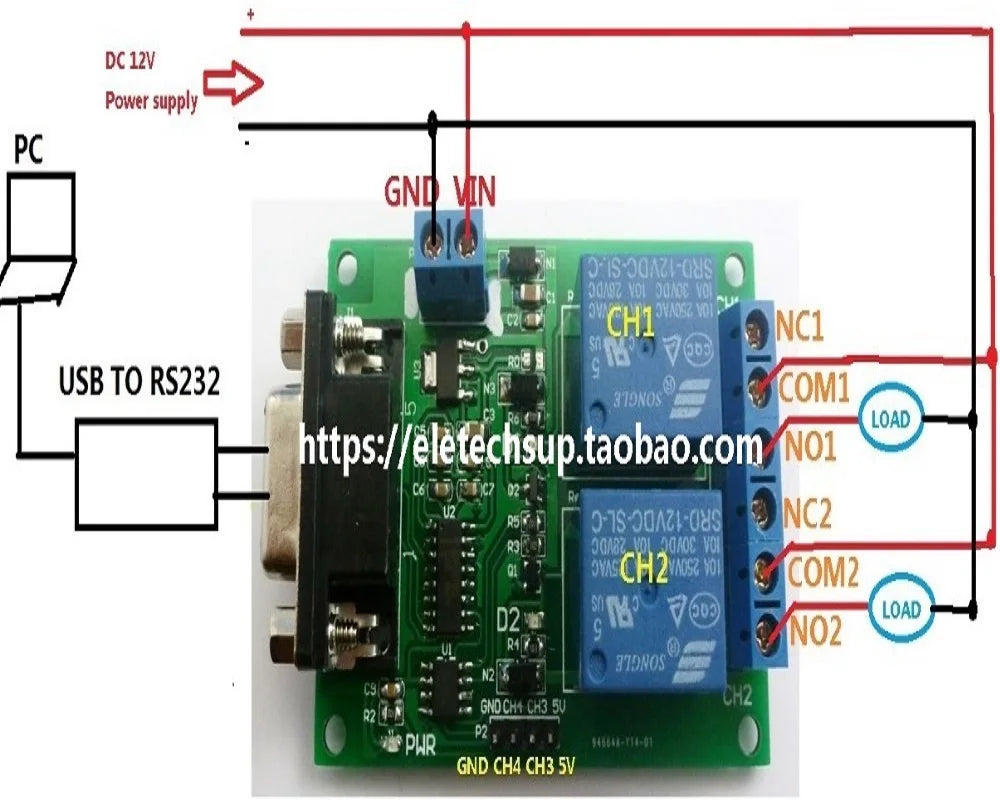TB351 YC065 4CH RS232 Relay Module – DC 12V Serial Port Controller Board with DB9 Interface 10A Output for PC PLC Smart Home