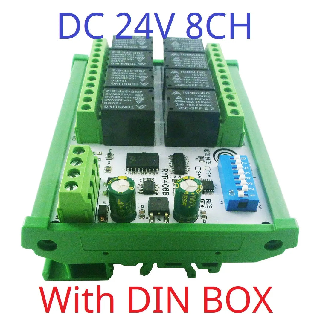 RYR408B 8CH 10A RS485 Relay Module – DIP Switch Configurable Modbus RTU PLC Remote IO Board with 8 Commands for Industrial Automation