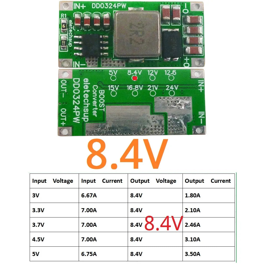 DD0324PW 8A 100W DC-DC Boost Converter – 2.7-5.5V to 8.4V/12.6V/16.8V/21V/24V Step-Up Voltage Regulator for 2-5S Li-ion Battery