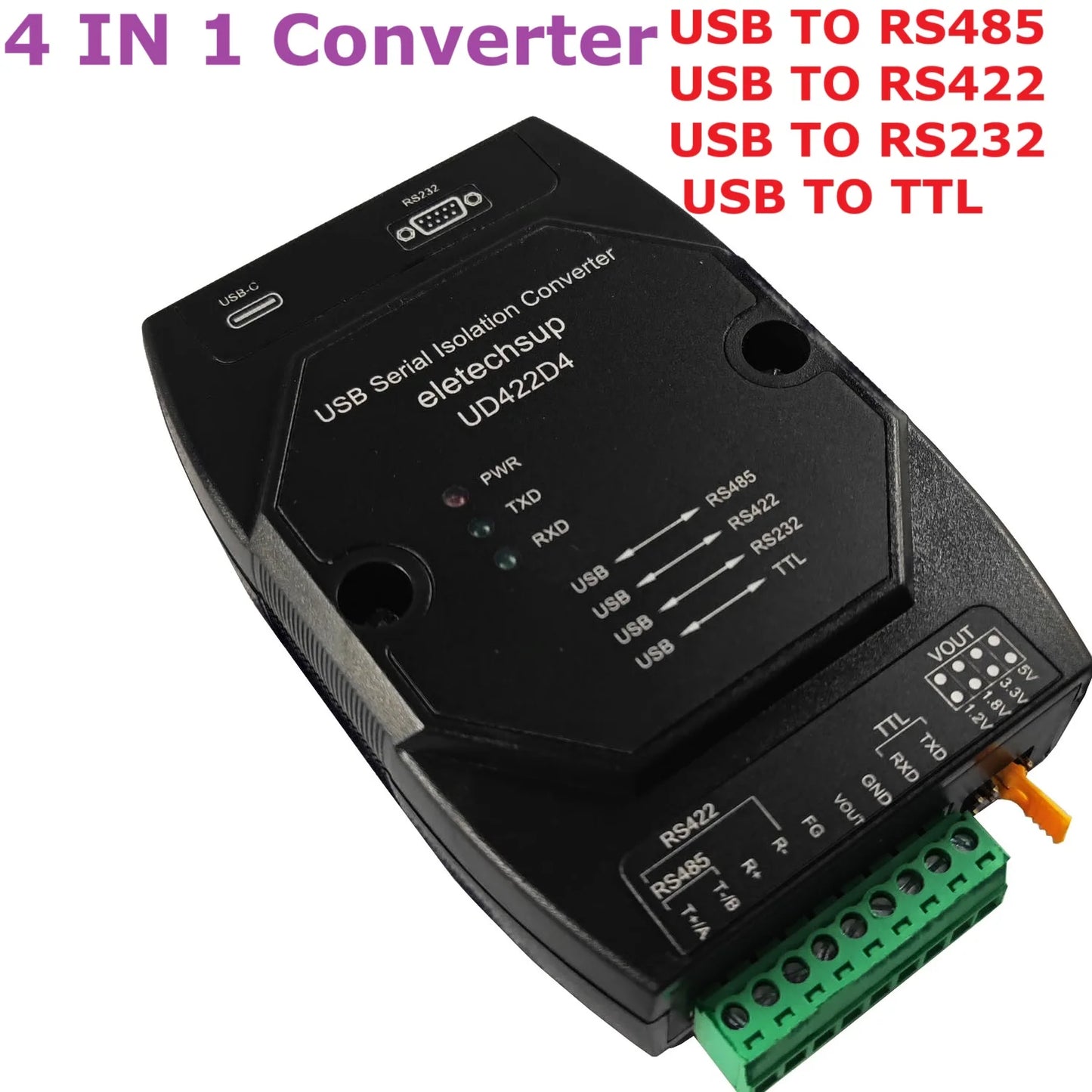 UD422D4 4-in-1 USB Debugger – RS485/RS422/RS232/TTL Converter with High-Speed Isolation & Lightning Protection for PLC MCU Arduino