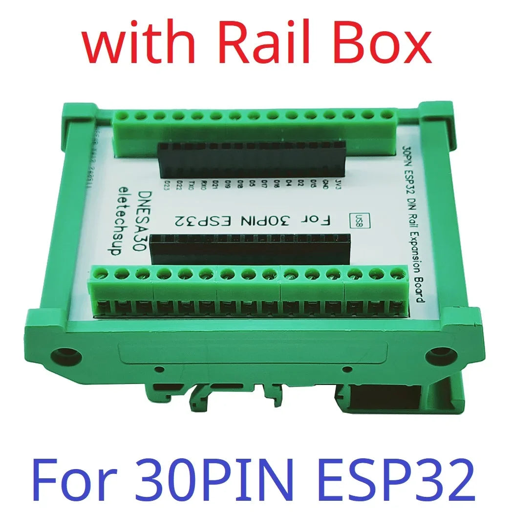 DNESA30 ESP32 DIN Rail Mount Screw Terminal Adapter – 3.96mm Breakout Board for 30/38-Pin ESP32 WROOM-32 DevKitC with DIN35/C45 Rail