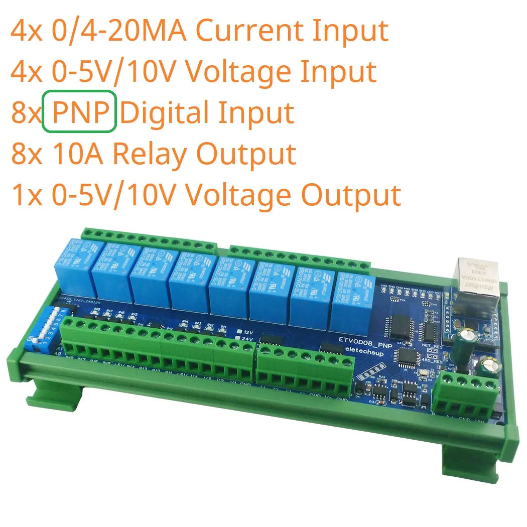 ETAIC04/ETVOD08/ETIOE16 Ethernet Remote IO Module – 4/8/16CH 10A Relay Modbus TCP RTU MQTT with RS485 DIN Rail for PLC SCADA