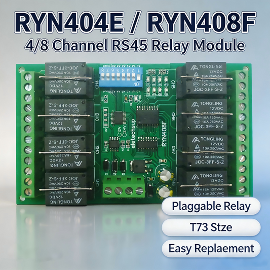 RYN404E RYN408F T73 Plug-in Relay Module – RS485 Modbus RTU Remote IO Controller with Momentary Latching Interlock Delay Switch for DIY Smart Home RYN404E/RYN408F