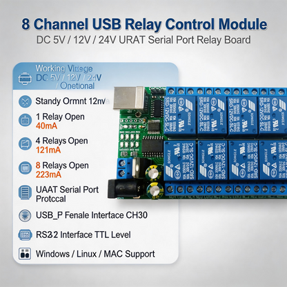 UD23A08 8-Channel Serial Relay Controller – USB/TTL/RS232 Multi-Voltage Smart Switch for PLC Automation & Industrial Control