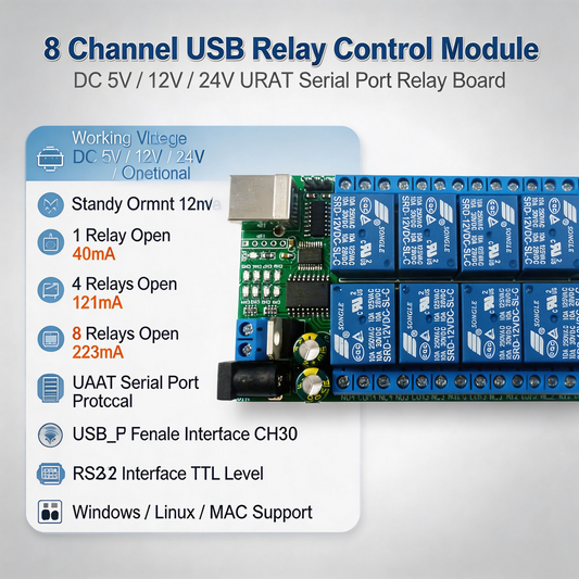 UD23A08 8-Channel Serial Relay Controller – USB/TTL/RS232 Multi-Voltage Smart Switch for PLC Automation & Industrial Control