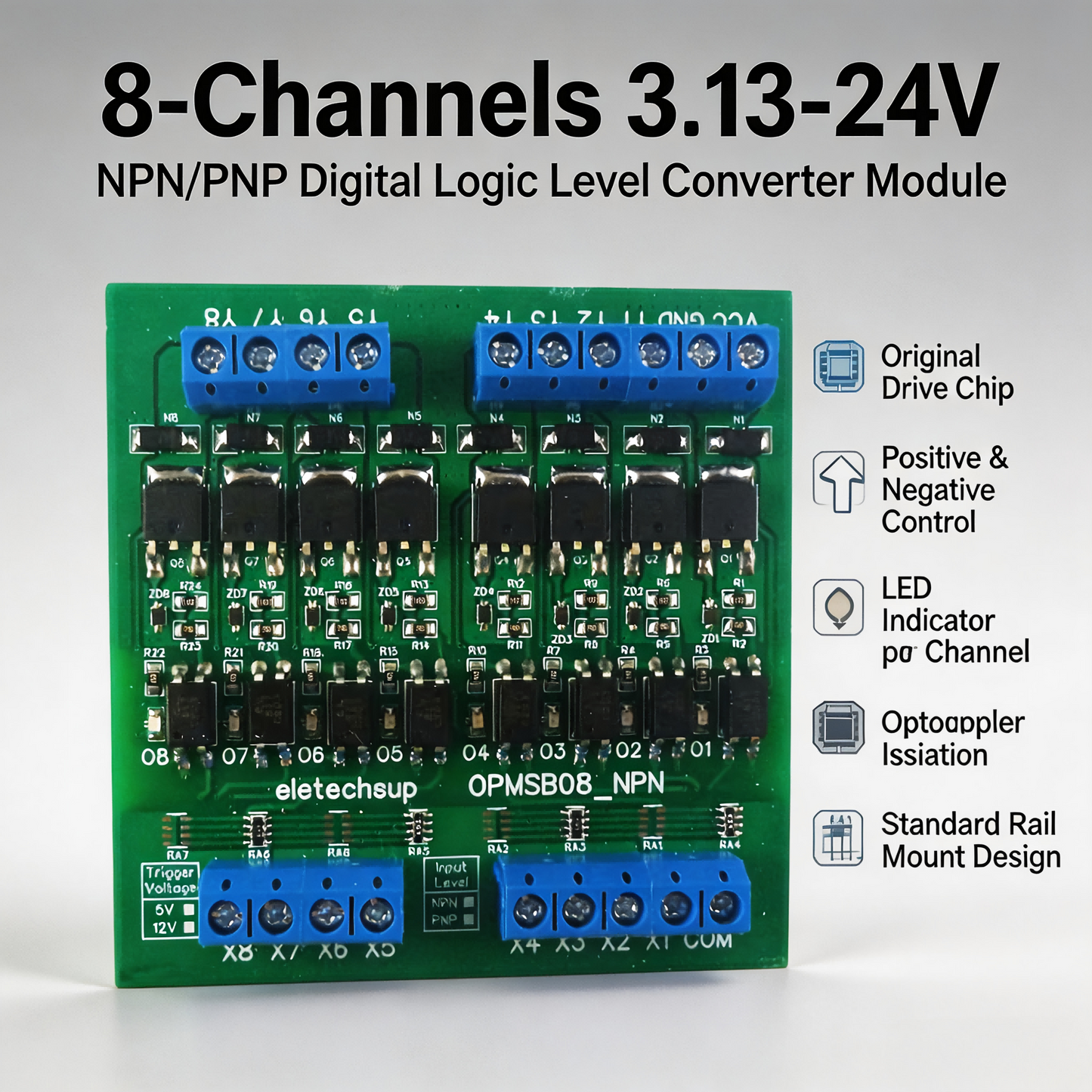 OPMSB08 8CH PWM Signal Amplifier Module – DC 3.3-24V 0-2kHz NPN/PNP Logic Level Shifter 5A High Current IO Booster for LED & Motor Control