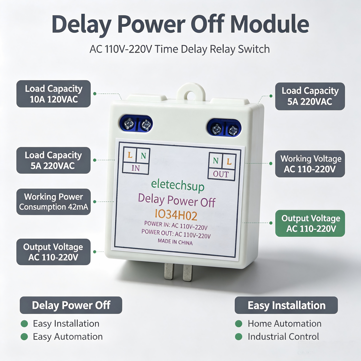 IO34H02 AC Time Delay Relay Module – 110V/120V/220V 50-60Hz DIP Switch Programmable Timer for Light Fan Pump Automatic Door Control
