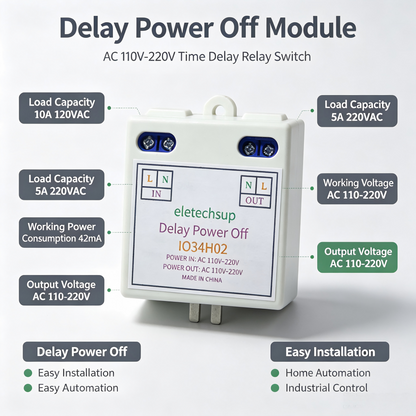 IO34H02 AC Time Delay Relay Module – 110V/120V/220V 50-60Hz DIP Switch Programmable Timer for Light Fan Pump Automatic Door Control