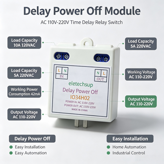 IO34H02 AC Time Delay Relay Module – 110V/120V/220V 50-60Hz DIP Switch Programmable Timer for Light Fan Pump Automatic Door Control