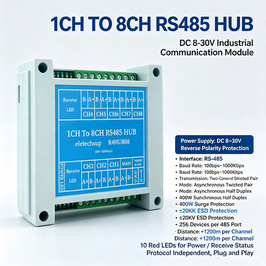 R4HUB08 8-Channel RS485 Hub – Industrial Signal Repeater for Modbus RTU TCP/IP MQTT HTTP Bus Communication Expansion