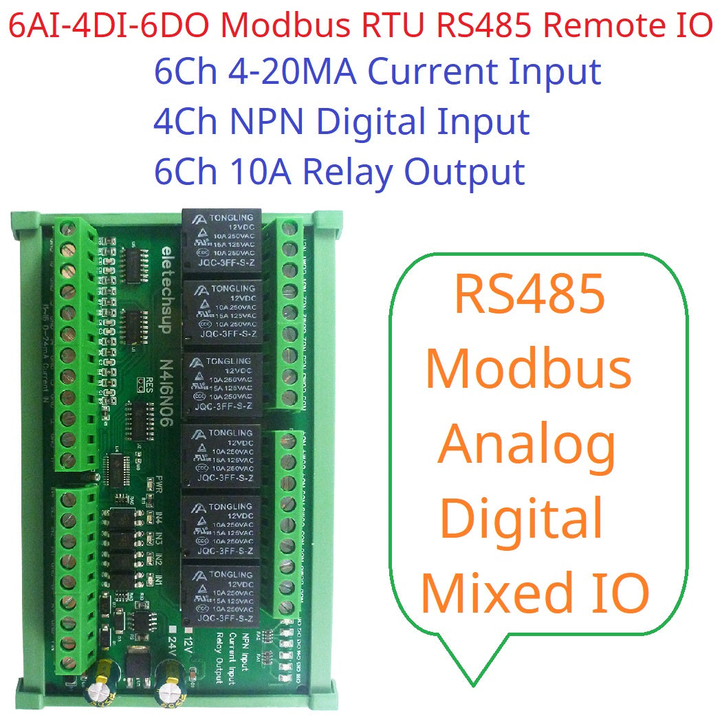 N4I6N06 6-Channel 4-20mA/0-20mA Analog Input Module 4CH NPN Isolated Switch Input 6CH 10A Relay Output DIN Rail PLC Expansion Bo