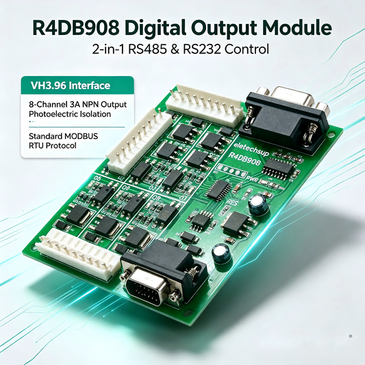 R4DB908 8-Channel Solid State Relay Module – RS485 RS232 DB9 Dual Bus 3A NPN MOS Opto-Isolated Output with VH3.96 Connector for PLC Modbus RTU