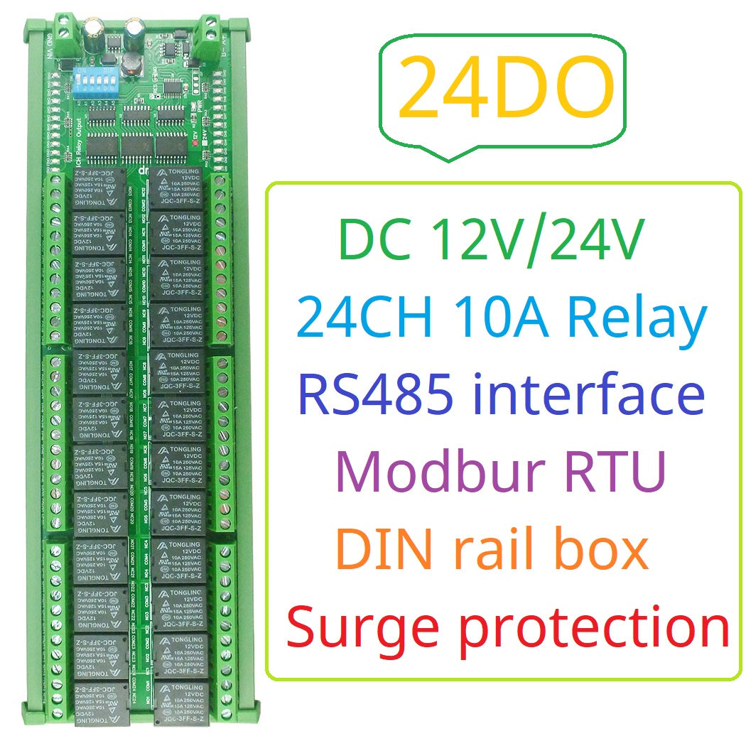 N4DOJ24 24CH RS485 Relay Module – 10A Modbus RTU with ON/OFF Momentary Delay Latch for PLC IO Expansion Smart Home DIY