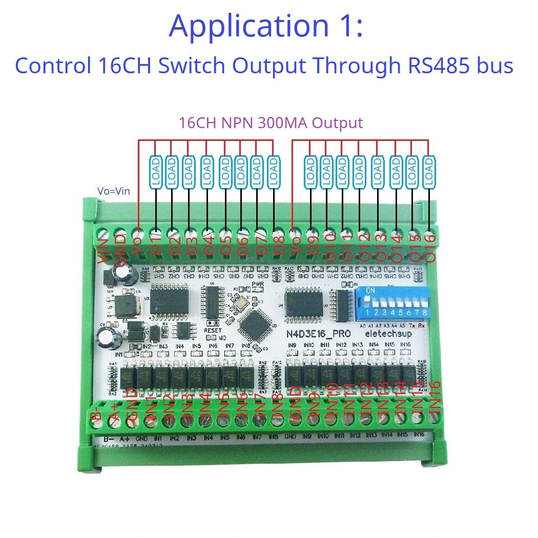 N4D3E16_PRO 16CH Bidirectional Digital IO Module – RS485 Modbus RTU Full-Duplex Transparent Transmission DIP Switch Board for PLC Expansion