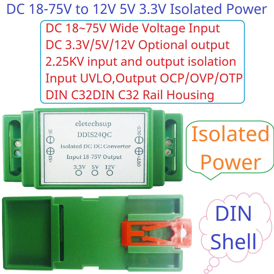 DDIS24QC 18-75V to 12V/5V/3.3V 3A Isolated DC-DC Converter – Industrial DIN Rail Power Supply with UVLO OCP OVP OTP Protection