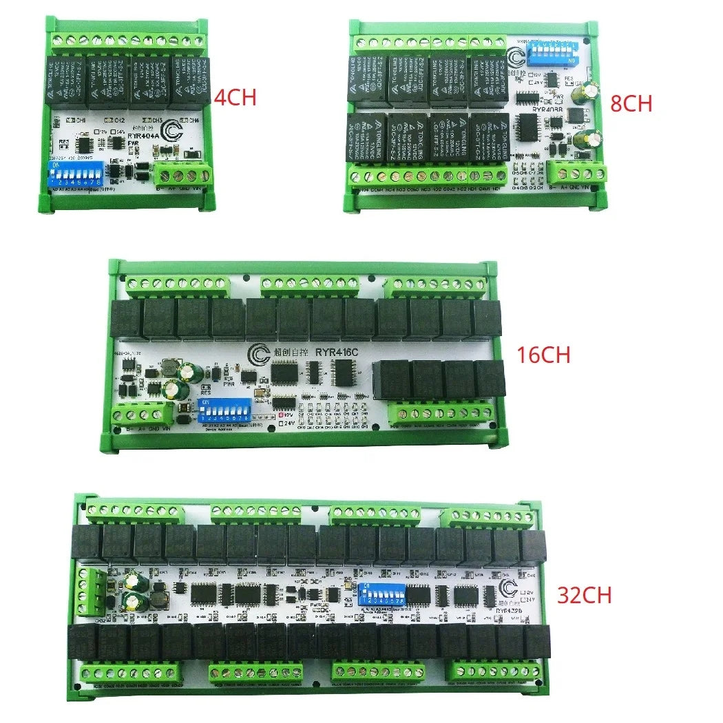 RYR432D 32CH 20A DIN Rail Relay Module – RS485 Modbus RTU with DIP Switch Setup for PLC Industrial Automation Smart Home