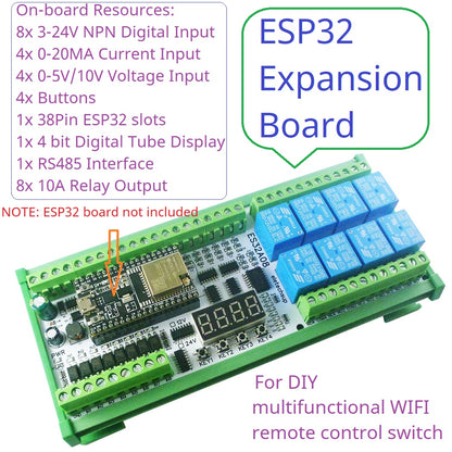 ES32A08 ESP32 Industrial IO Expansion Board – 8AI-8DI-8DO Relay Module with RS485 Modbus & WiFi for PLC Automation IoT DIY