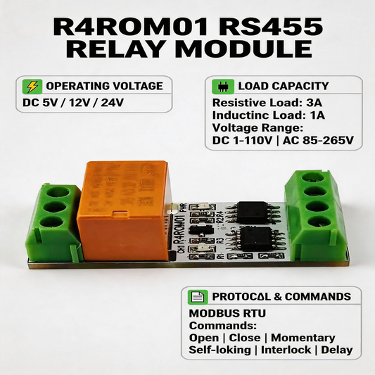 R4ROM01 3A Mini RS485 Relay Module – Low Noise 5V/12V/24V Modbus RTU Remote IO Board with 6 Control Commands for PLC Smart Home