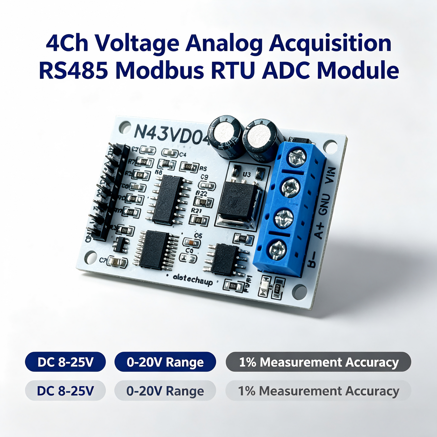 N43VD04/N43IC04 4CH 4-20mA/0-10V Analog Input Module – RS485 Modbus RTU ADC Data Acquisition Board for PLC SCADA Industrial Automation