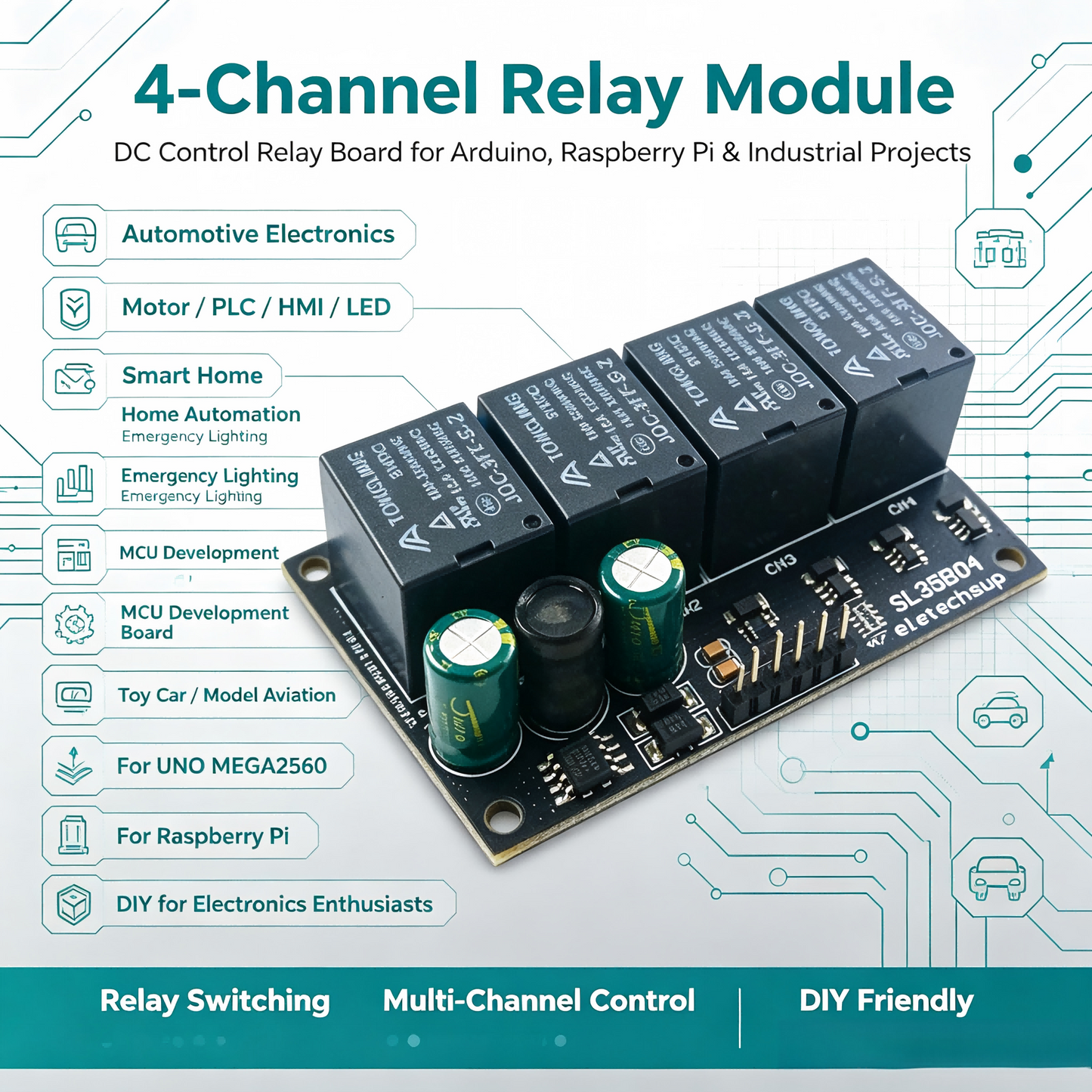 SL35B01/SL35B02/SL35B04 1-4CH Flip-Flop Relay Module – DC 5-24V Bistable Self-Locking Switch with 10A Output for Arduino UNO Raspberry Pi ESP32
