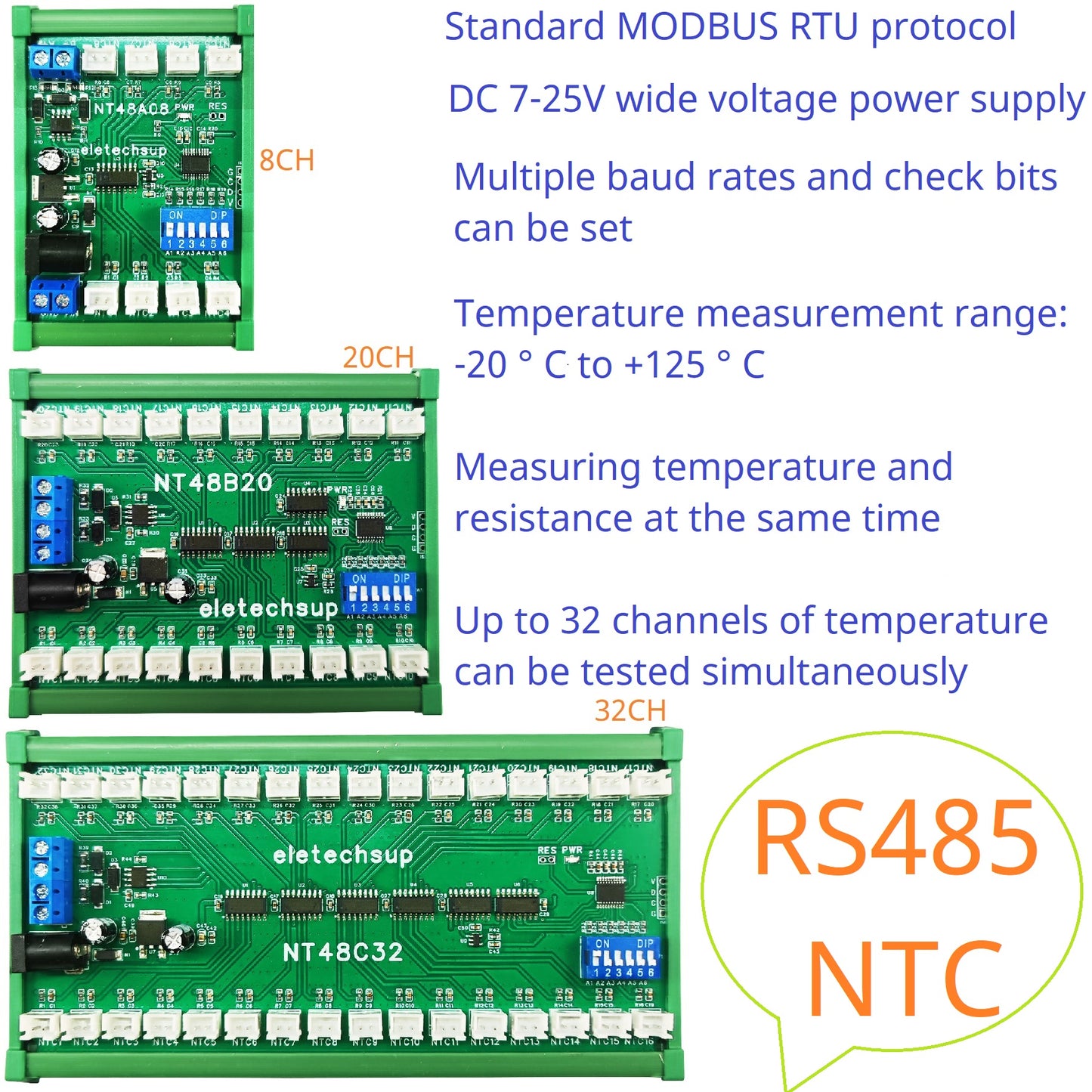 NT48A08/NT48B20/NT48C32 8-32CH RS485 Temperature Collector – Modbus RTU AI Remote IO Module with 10K B3950 NTC Sensor for PLC SCADA