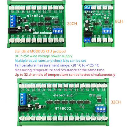 NT48A08/NT48B20/NT48C32 8-32CH RS485 Temperature Collector – Modbus RTU AI Remote IO Module with 10K B3950 NTC Sensor for PLC SCADA