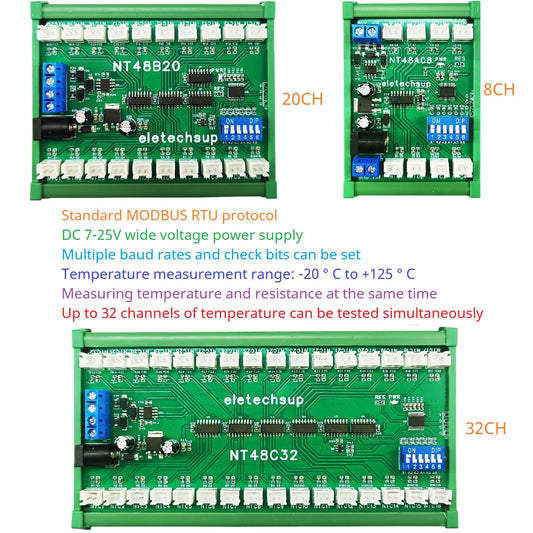 NT48A08/NT48B20/NT48C32 8-32CH RS485 Temperature Collector – Modbus RTU AI Remote IO Module with 10K B3950 NTC Sensor for PLC SCADA