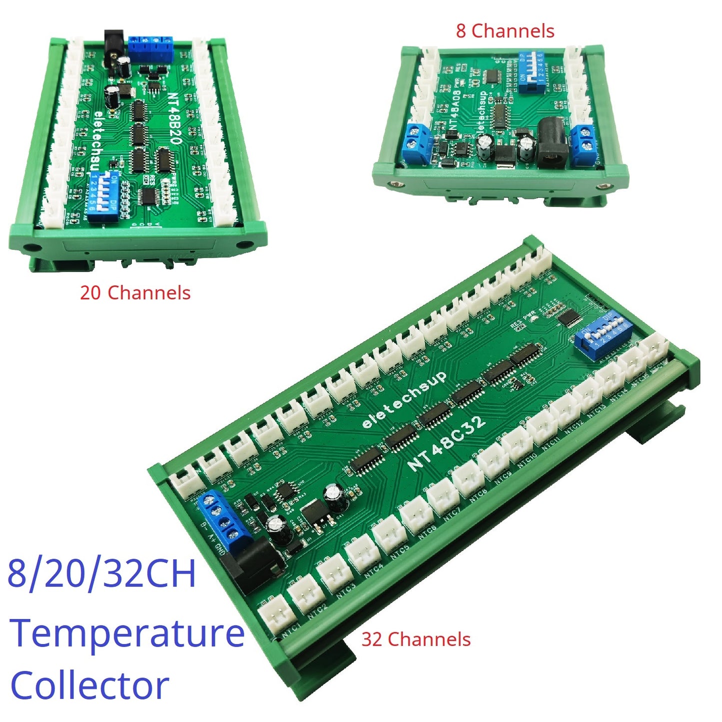 NT48A08/NT48B20/NT48C32 8-32CH RS485 Temperature Collector – Modbus RTU AI Remote IO Module with 10K B3950 NTC Sensor for PLC SCADA