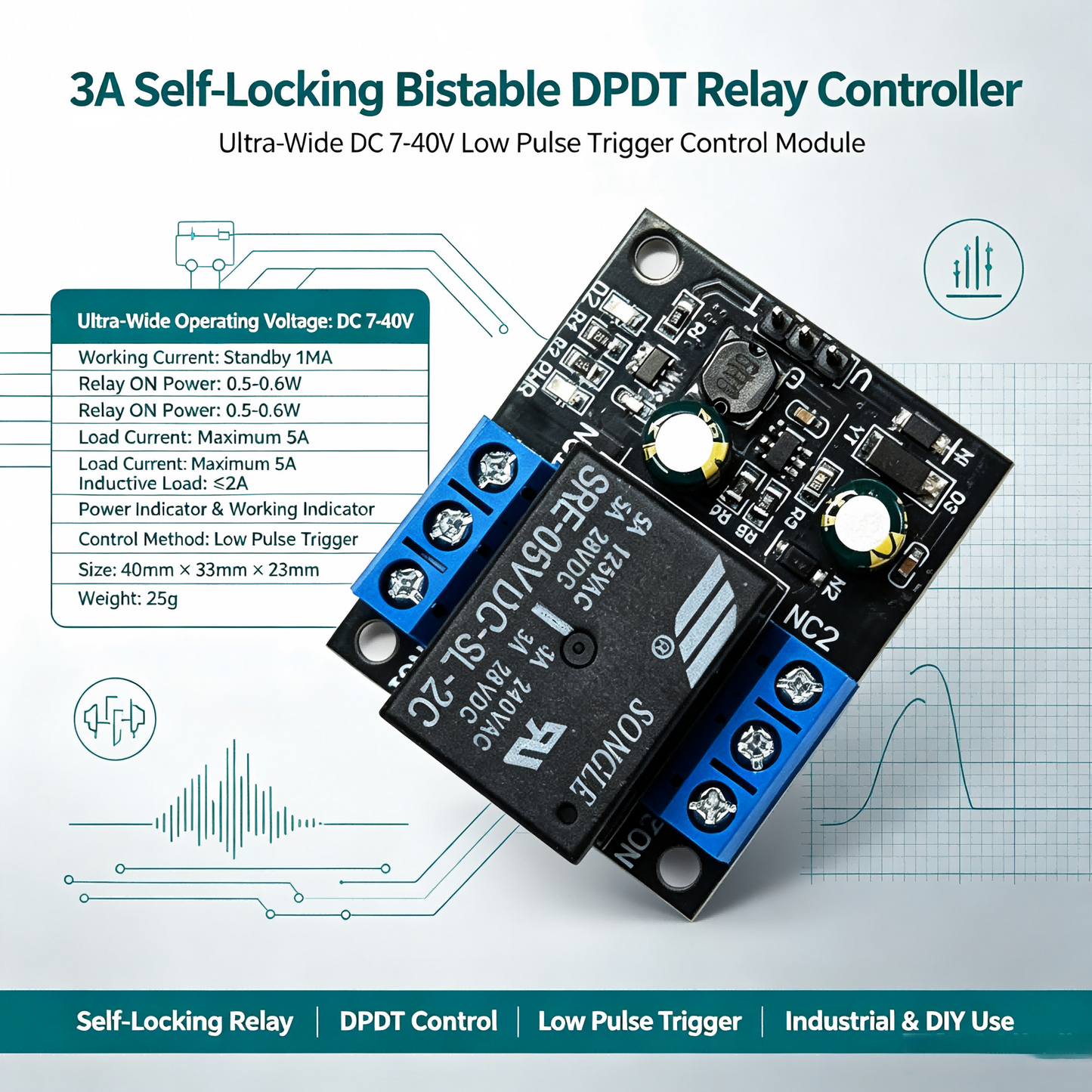 DR26F01 DPDT Self-Locking Relay Module – DC 7-40V 5A Bistable Latching Switch with Low Pulse Trigger for Motor Reverse Polarity Control
