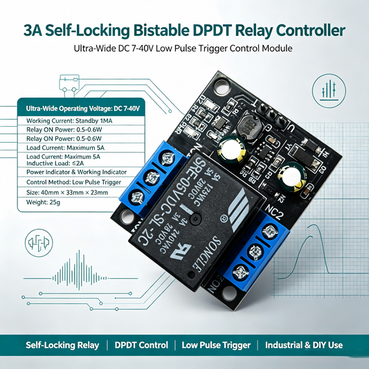 DR26F01 DPDT Self-Locking Relay Module – DC 7-40V 5A Bistable Latching Switch with Low Pulse Trigger for Motor Reverse Polarity Control