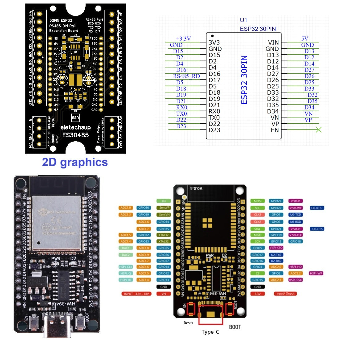 ES30485 ESP32 DIN Rail Expansion Board – 7-30V to 5V/3.3V Power Module with RS485 for WiFi Bluetooth IoT MQTT Smart Home DIY