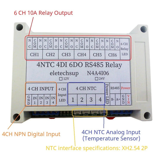 N4A4I06 4AI-4DI-6DO NTC Temperature Collector – 14CH RS485 Modbus RTU PLC IO Expansion Board with 10A Relay Output for Industrial Automation