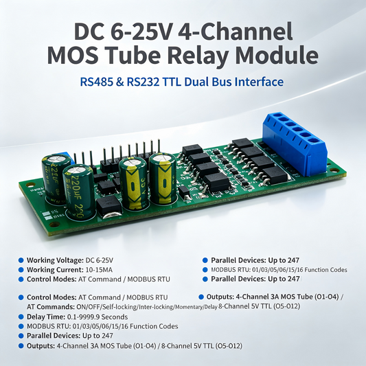 R4M9B12 4CH MOS Tube Output Control Board – RS485 Modbus RTU PLC Expansion Module with 3A NPN Output for LED Dimmer Valve Driver DC 6-25V