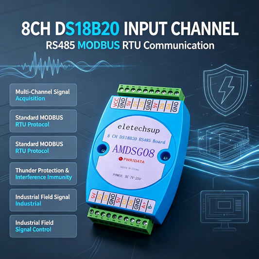 AMDSG08 8CH DS18B20 Temperature Acquisition Module – RS485 Modbus RTU with ±0.5°C Accuracy for PLC SCADA Industrial Automation