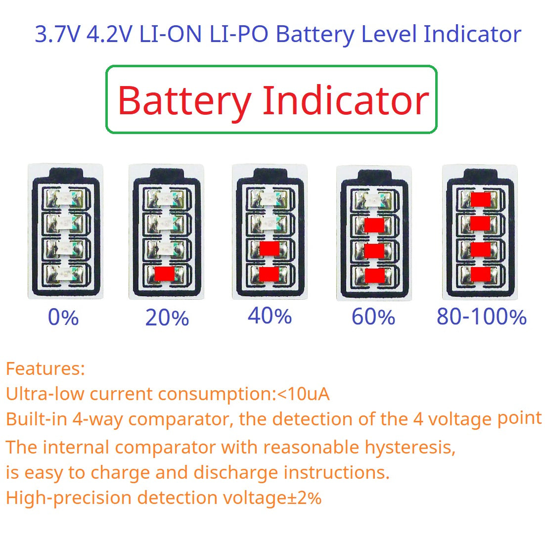 BTID42MA  Mini 1S Li-ion Battery Power Indicator Module – 3.7V/4.2V LED Voltage Display for 18650 26650 4680 Charge Discharge Monitor