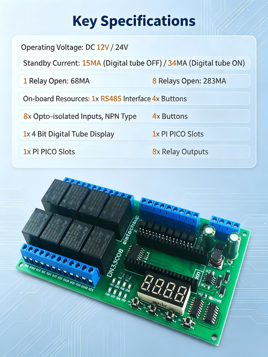 DN33C08 8CH RS485 Modbus RTU Relay Module – Multifunction Timer Expansion Board for Raspberry Pi Pico Simple PLC Python C++