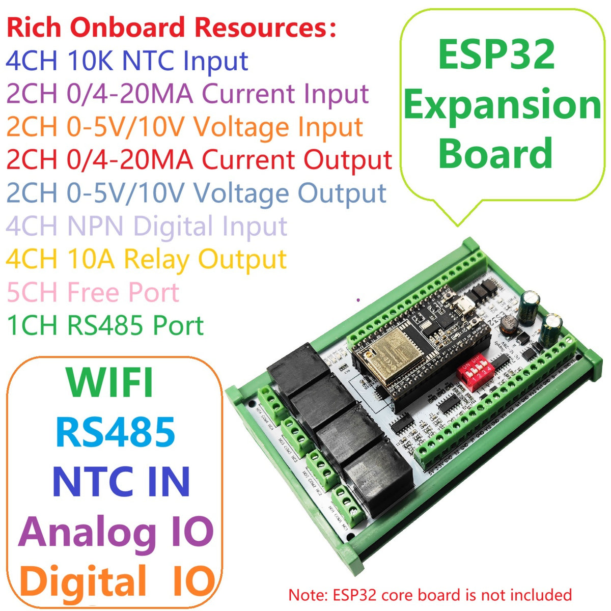 ES32G15 WiFi RS485 Remote I/O Control Baseboard for ESP32-DevKitC with NTC, AI/AO and DI/DO for Arduino and PLC Automation