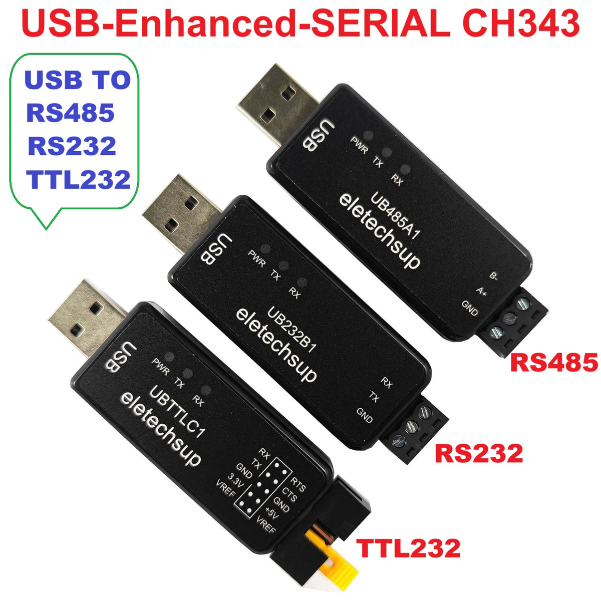 UB232B1 UB485A1 UBTTLC1 CH343 High-Speed USB to RS232, RS485 or TTL Serial Converter Debug Adapter for Arduino, Raspberry Pi and ESP32