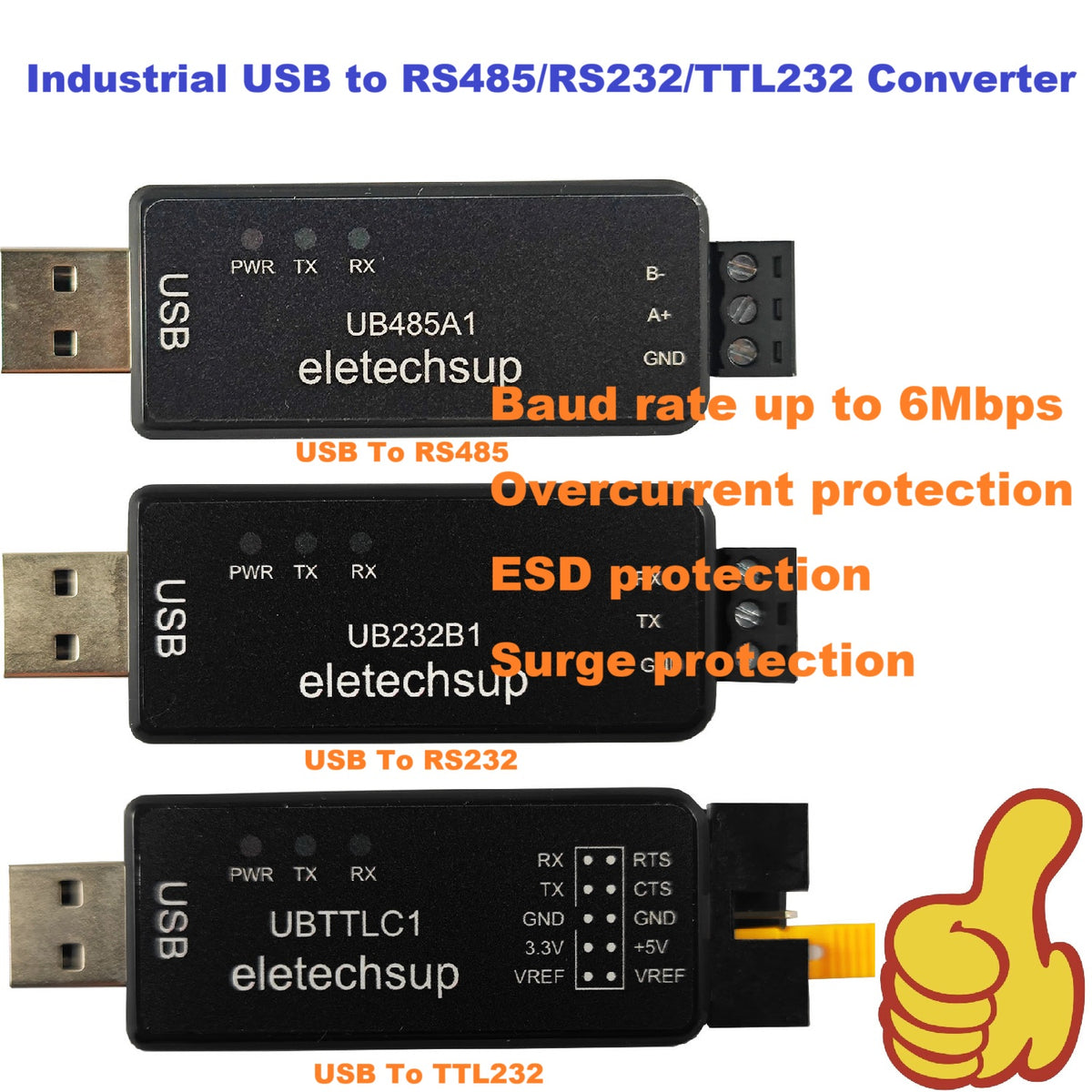 UB232B1 UB485A1 UBTTLC1 CH343 High-Speed USB to RS232, RS485 or TTL Serial Converter Debug Adapter for Arduino, Raspberry Pi and ESP32