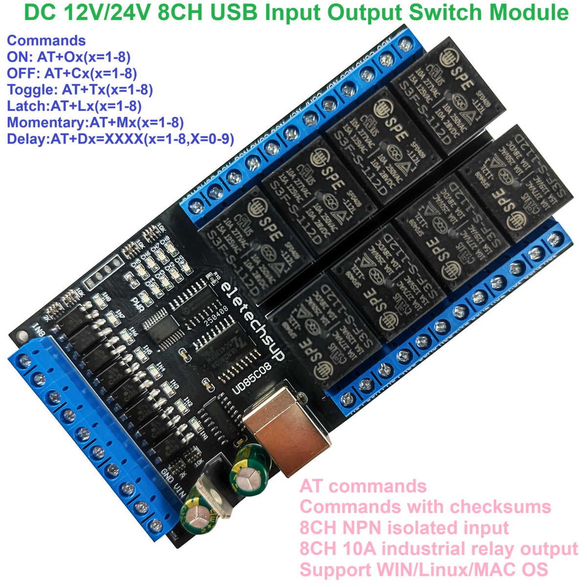 UD85C08 8-Channel USB UART Serial Relay Module with Digital Input/Output, DC 12V/24V for Windows, Linux, macOS and Android