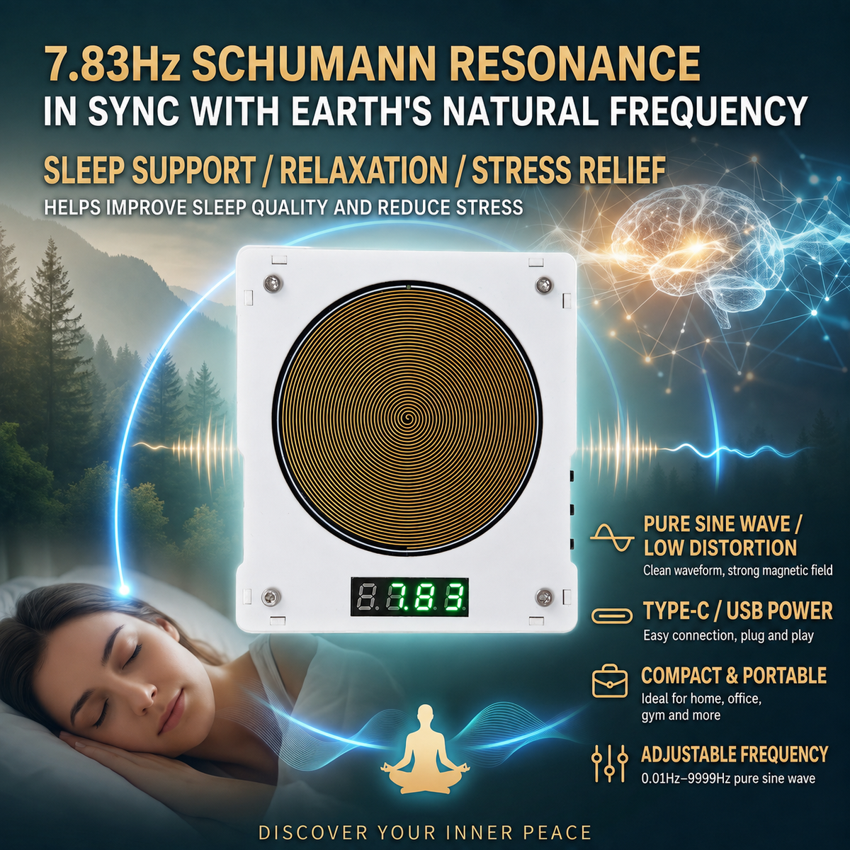 SA-Y10 Adjustable 7.83 Hz Schumann Resonance Generator, 0.01 Hz–100 kHz, USB-C Powered with Magnetic Field Detector