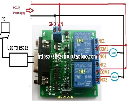 TB351 YC065 4CH RS232 Relay Module – DC 12V Serial Port Controller Board with DB9 Interface 10A Output for PC PLC Smart Home