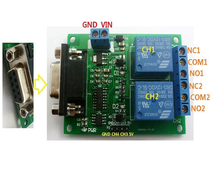 TB351 YC065 4CH RS232 Relay Module – DC 12V Serial Port Controller Board with DB9 Interface 10A Output for PC PLC Smart Home