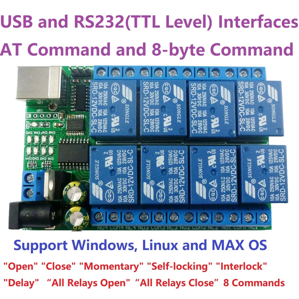 UD23A08 8-Channel Serial Relay Controller – USB/TTL/RS232 Multi-Voltage Smart Switch for PLC Automation & Industrial Control