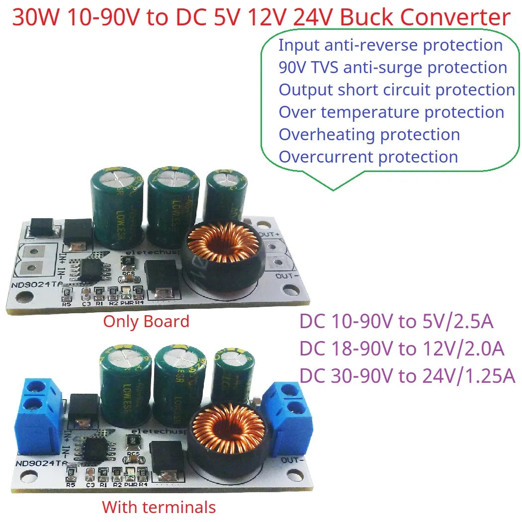 ND9024TA 30W Ultra-Wide Voltage Regulator Module – DC 10-90V to 5V/12V/24V Adjustable Buck Converter for UPS E-Bike EV Solar New Energy