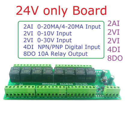 R4A8H08 RS485 Modbus RTU PLC I/O Module with 8 Relay Outputs, 4 Digital Inputs and 8 Analog Inputs for 4–20mA and 0–10V Signals