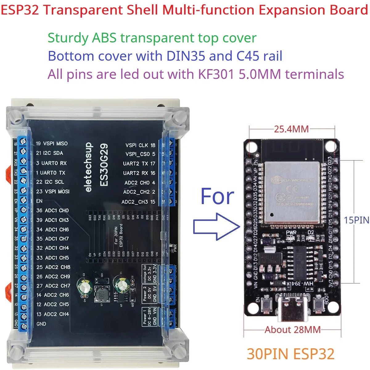 ES30G29 ESP32 DevKit DIN Rail Expansion Board with Transparent Cover and 5.0mm Terminal Blocks for Arduino, Wi-Fi, Bluetooth and IoT