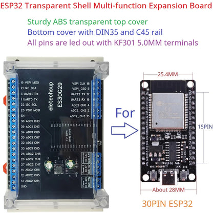 ES30G29 ESP32 DevKit DIN Rail Expansion Board with Transparent Cover and 5.0mm Terminal Blocks for Arduino, Wi-Fi, Bluetooth and IoT