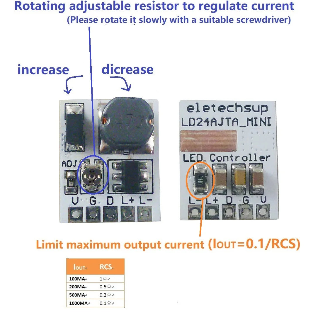 LD24AJTA_MINI 22W LED Driver Module – 6-25V 910mA Adjustable Constant Current Step-Down Converter with 5000:1 PWM Dimming for Arduino