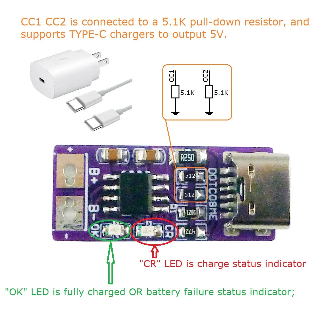 USB-C PD QC FCP 5V to 4.2V 1A Li-ion Li-Po Battery Charger Module for 3.7V 18650 Cells